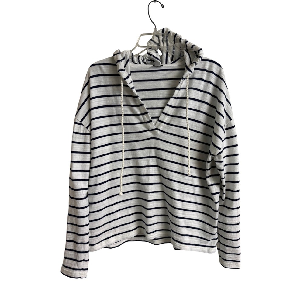 J.Crew Womens XL Striped Cotton Hoodie Navy White V-Neck PulloverCoastal Preppy